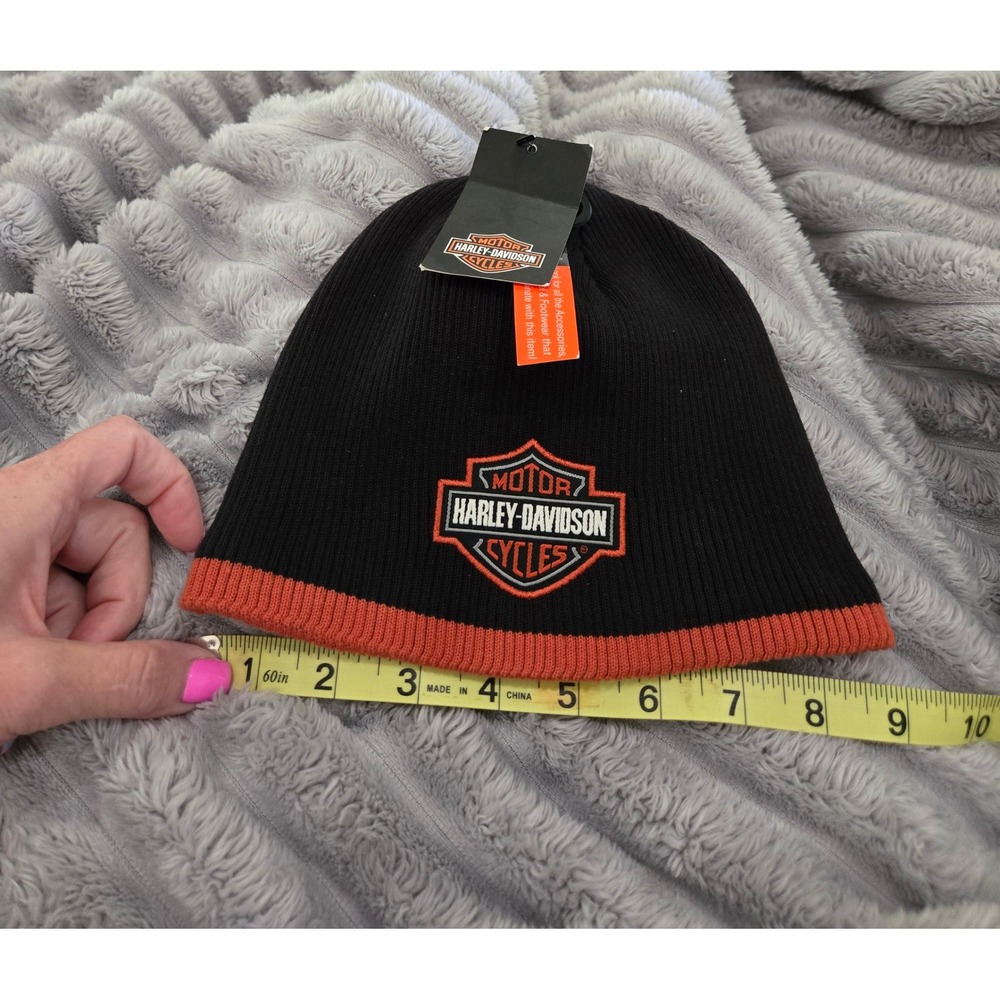 Harley-Davidson Boys Black Orange Knit Fleece Lined Beanie Hat 7283751 Size 4-14 - Picture 8 of 8